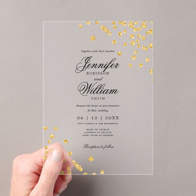 Wedding Elegant Romanic Script Gold Confetti  Acrylic Invitations (Insitu (Handheld))