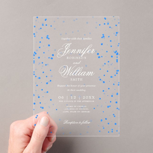 Wedding Elegant Romantic Script Blue Specks  Acrylic Invitations (Insitu (Handheld))