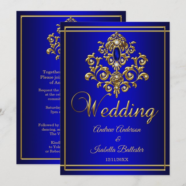 Wedding Elegant Royal Blue Gold Jewel 2 Invitation (Front/Back)