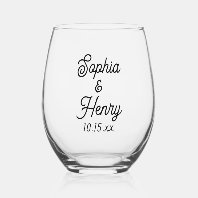 Wedding Elegant Script Black Typography Stemless Wine Glass (Front)