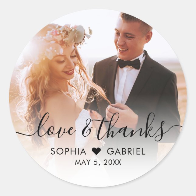 Wedding Elegant Script Heart Photo Thank You Classic Round Sticker (Front)