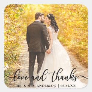 Wedding Elegant Script Love and Thanks Photo Blk Square Sticker