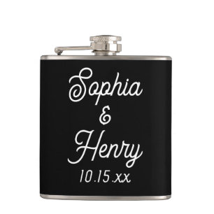 Wedding Elegant Script Typography Black White Hip Flask