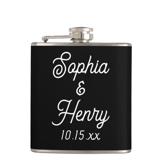 Wedding Elegant Script Typography Black White Hip Flask (Front)
