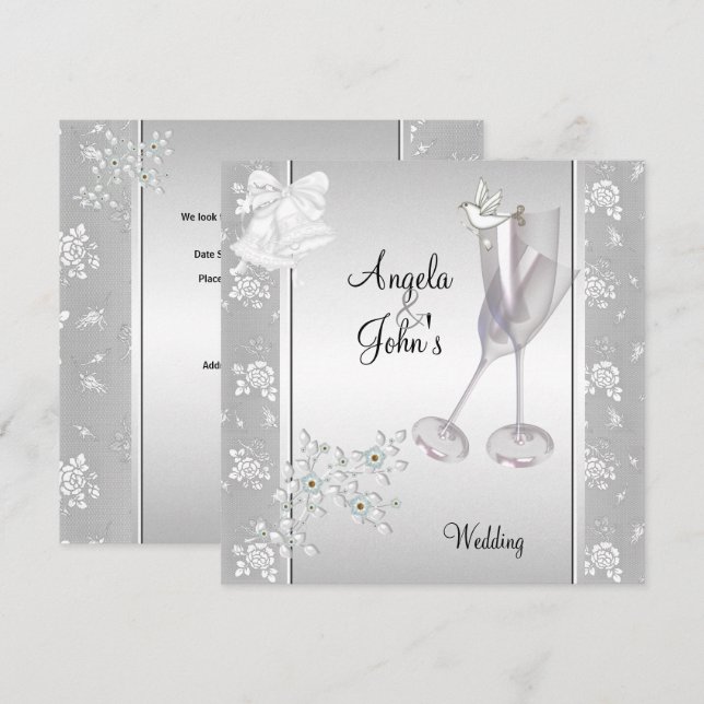 Wedding Elegant Silver White Lace Floral Invitation (Front/Back)