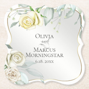 Wedding Elegant Watercolor Ivory Yellow Blush Rose Paper Coaster