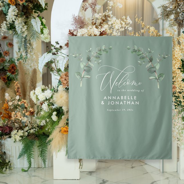 Wedding elegant welcome eucalyptus botanical sage tapestry (Creator Uploaded)