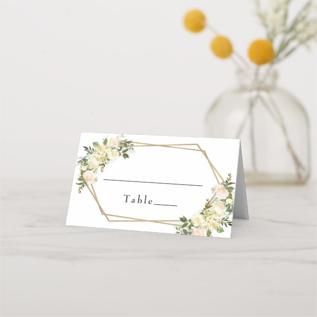 Wedding Elegant White Chic Rose Floral Gold Frame Place Card (Front)