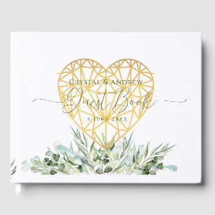 Wedding Elegant White Gold Heart Eucalyptus Leaves Guest Book