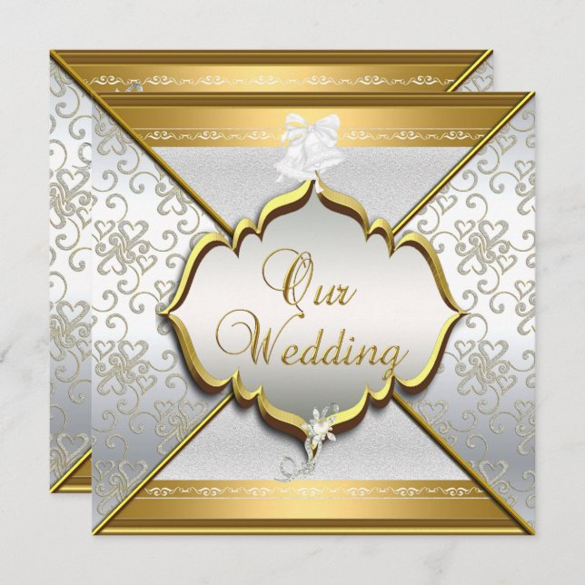 Wedding Elegant White Silver Gold Invitation (Front/Back)