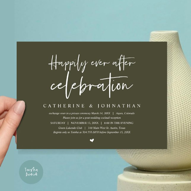 Wedding Elopement, Happily Ever after celebration Invitation (Wedding Elopement Dinner, Happily Ever after celebration Invitation Card, PDF, in Olive Green)