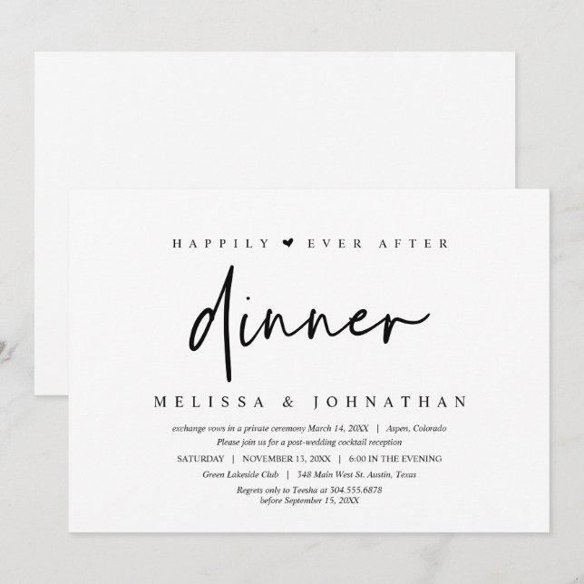 Wedding Elopement, Happily ever after dinner Invitation (Front/Back)
