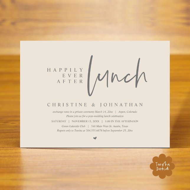 Wedding Elopement, Happily Ever After Lunch Party Invitation (Happily Ever After Lunch Modern Casual Wedding Elopement Party Invitation Card PDF Cream Grey)
