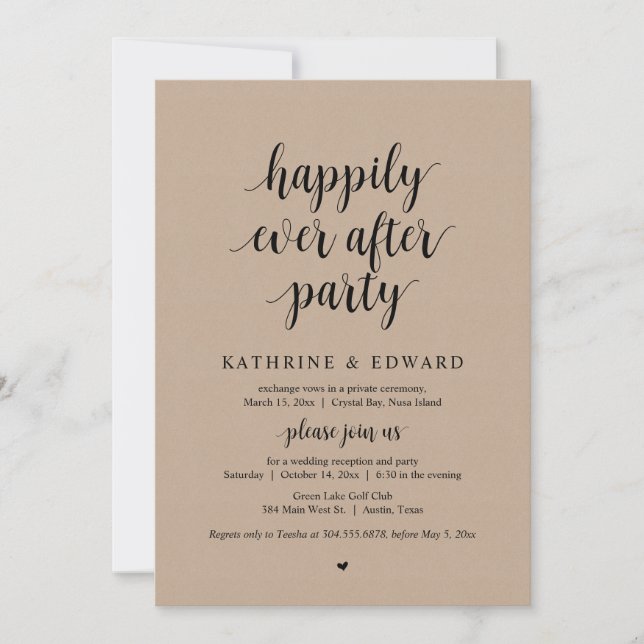 Wedding Elopement, Happily Ever After Party  Invit Invitation (Front)