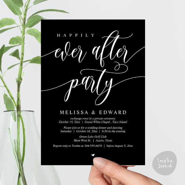Wedding Elopement, Happily Ever After Party  Invitation (Happily Ever After Party Invitation Card, PDF, Wedding Elopement Dinner Brunch Lunch, Classy Black)