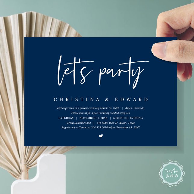 Wedding Elopement, Modern Minimalist, lets party Invitation (Let's party, Wedding Dinner Elopement, Modern Minimalist,  Invitation Card, in Navy Blue)