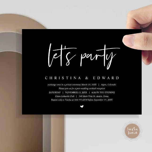 Wedding Elopement, Modern Minimalist, lets party Invitation (Let's Party, Post Wedding Elopement Dinner and Party Celebration Invitation Card, in Classy Black)