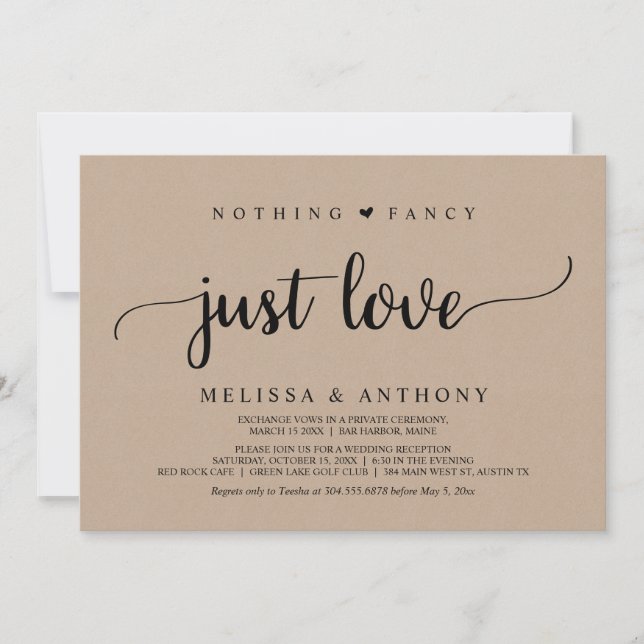 Wedding Elopement, Nothing Fancy Just Love, kraft  Invitation (Front)