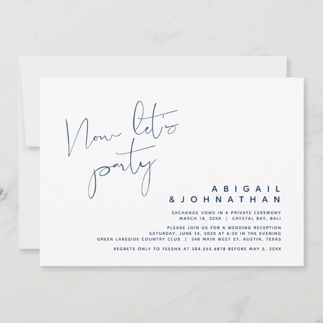 Wedding Elopement, Now let's Party, Navy Blue Invitation (Front)