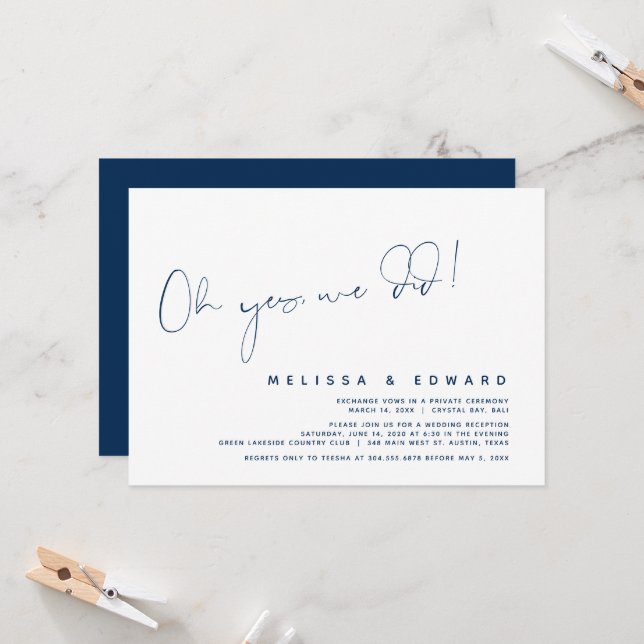 Wedding Elopement, Oh yes, we did, Navy Blue Invitation (Front/Back In Situ)