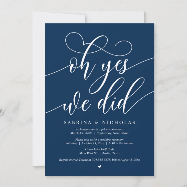 Wedding Elopement Party, Oh Yes, We Did, Navy Blue Invitation (Front)
