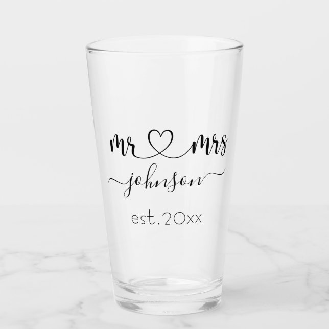 Wedding Engagement Heart Mr Mrs Personalized Name Glass (Front)
