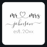 Wedding Engagement Heart Mr Mrs Personalized Name  Square Sticker<br><div class="desc">Mr. and Mrs. personalized last name or surname with cute girly heart favour sticker with customized name and established date which makes a personalized and special gift for a wedding,  anniversary,  Christmas or engagement gift.</div>