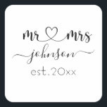 Wedding Engagement Heart Mr Mrs Personalized Name  Square Sticker<br><div class="desc">Mr. and Mrs. personalized last name or surname with cute girly heart favour sticker with customized name and established date which makes a personalized and special gift for a wedding,  anniversary,  Christmas or engagement gift.</div>