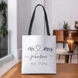 Wedding Engagement Heart Mr Mrs Personalized Name Tote Bag<br><div class="desc">Mr. and Mrs. personalized last name or surname with cute girly heart tote bag with customized name and established date which makes a personalized and special gift for a wedding,  anniversary,  Christmas or engagement gift.</div>