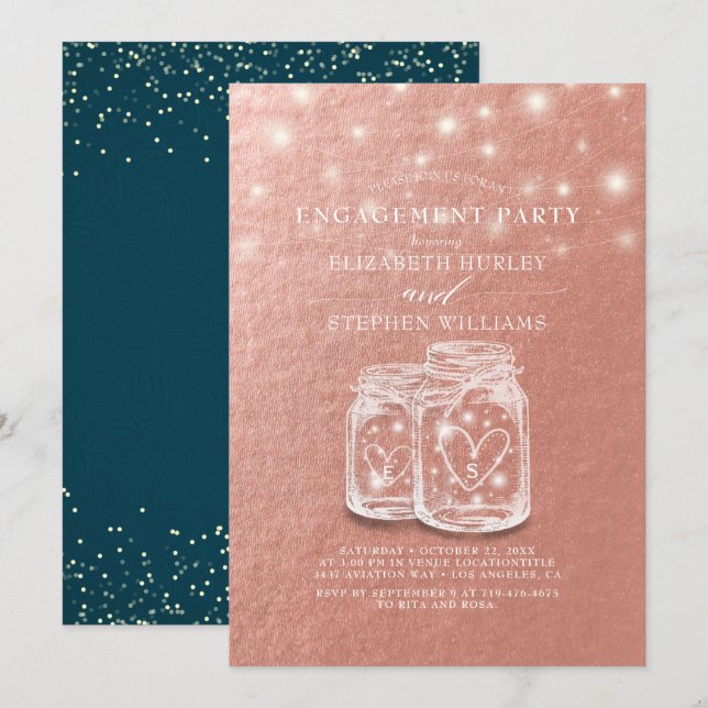 Wedding Engagement Party Chic Mason Jars Rose Gold Invitation (Front/Back)