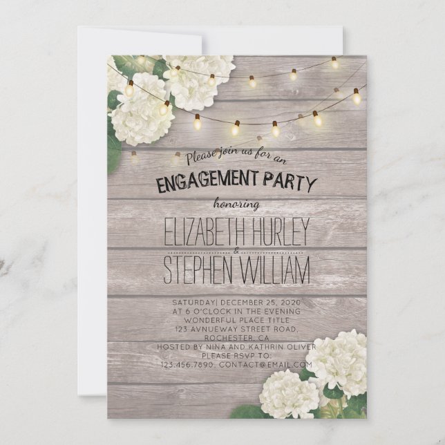 Wedding Engagement Party Flowers String Light Wood Invitation (Front)