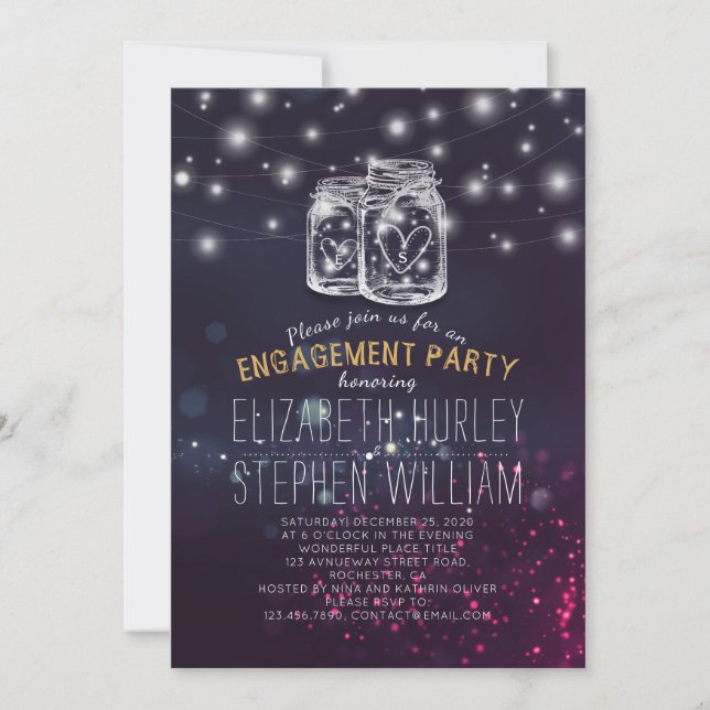 Wedding Engagement Party Mason Jar Purple Lights Invitation (Front)