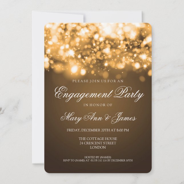 Wedding Engagement Party Sparkling Lights Gold Invitation (Front)