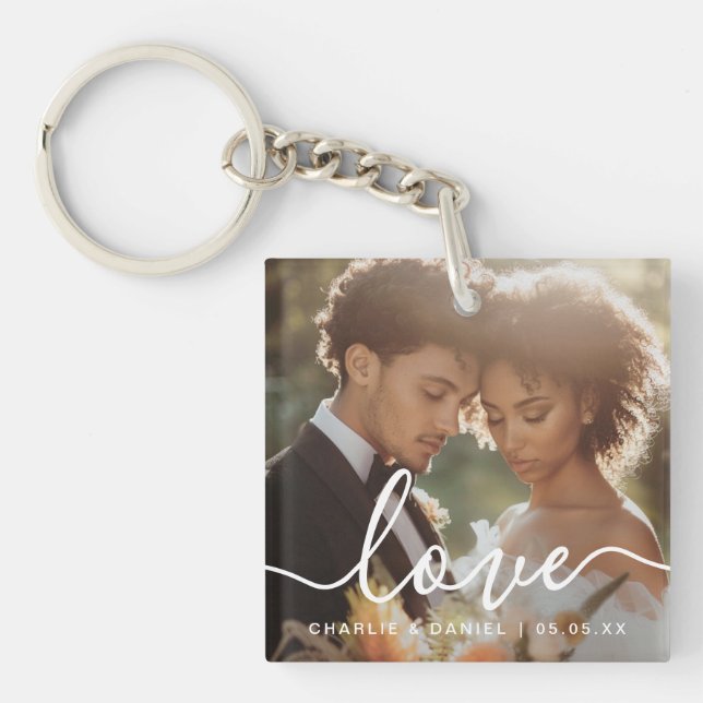 Wedding engagement photo love couples names date keychain (Front)