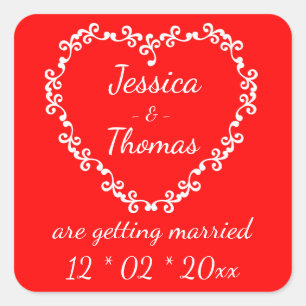 Wedding Engagement Red Floral Heart Personalized Square Sticker