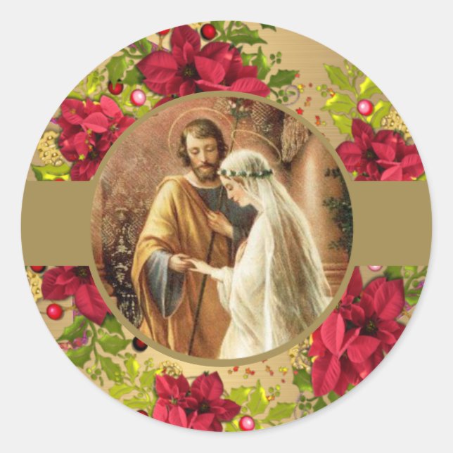 Wedding Engagement Religious Christmas Wreath Classic Round Sticker (Front)