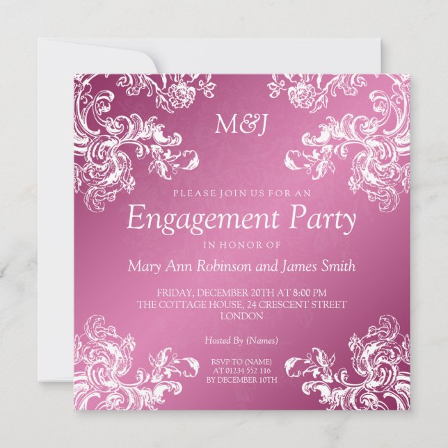 Wedding Engagement Vintage Swirls 2 Pink Invitation (Front)