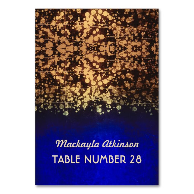 wedding escort cards string lights gold and blue (Front)