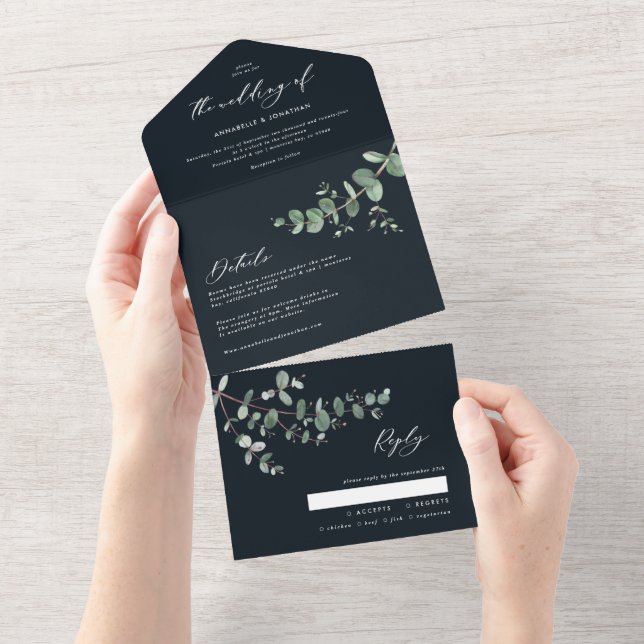 Wedding Eucalyptus botanical black invite + rsvp (Tearaway)