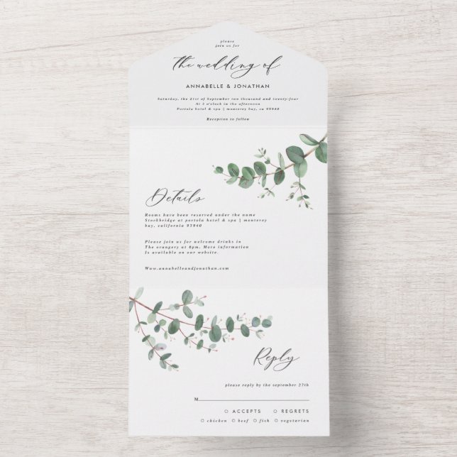 Wedding Eucalyptus botanical modern invite + rsvp (Inside)