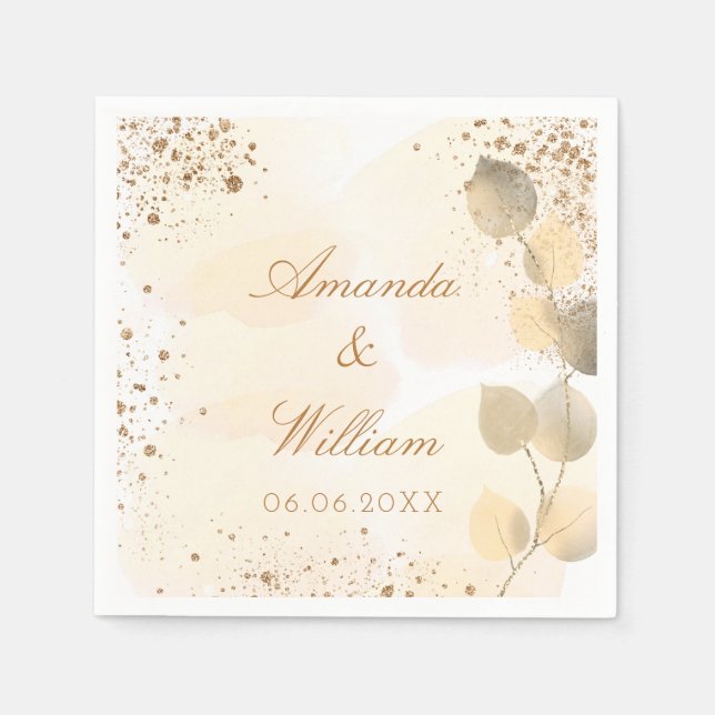 Wedding eucalyptus gold glitter fall napkin (Front)