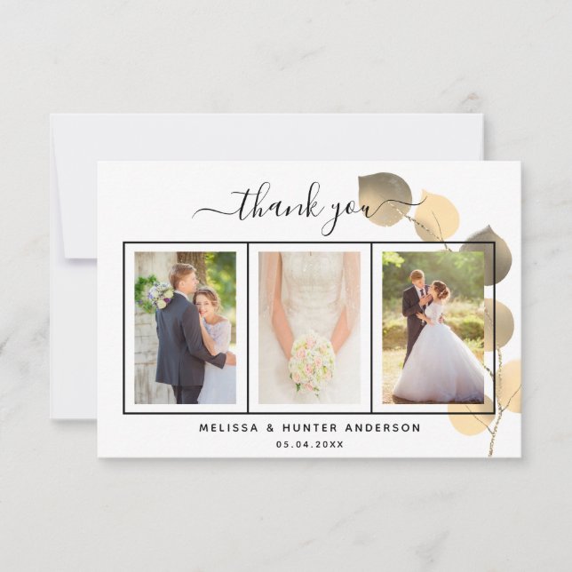 Wedding eucalyptus gold photo script elegant thank you card (Front)