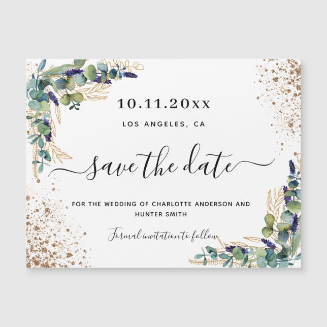 Wedding eucalyptus gold save the date magnet (Front)