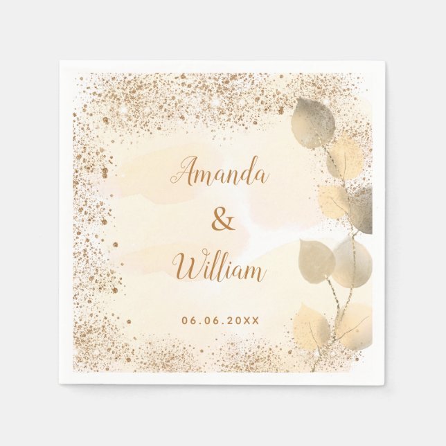 Wedding eucalyptus golden glitter monogram napkin (Front)