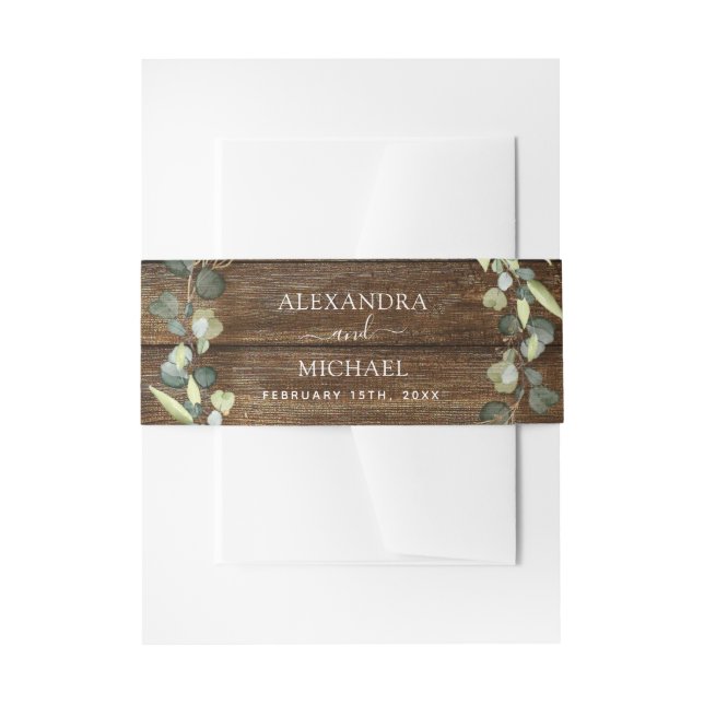 Wedding Eucalyptus Greenery Rustic Country Wood Invitation Belly Band (Front Example)