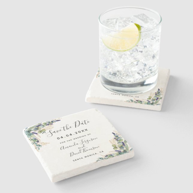 Wedding eucalyptus greenery Save the Date  Stone Coaster (Side)