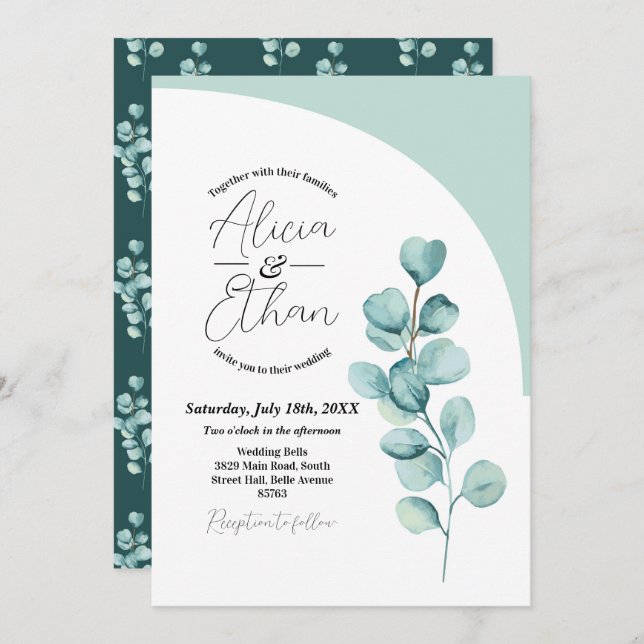 Wedding Eucalyptus Leaves Green Simple Elegant Invitation (Front/Back)