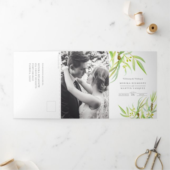 Wedding eucalyptus leaves green white all in one Tri-Fold invitation (Outside)