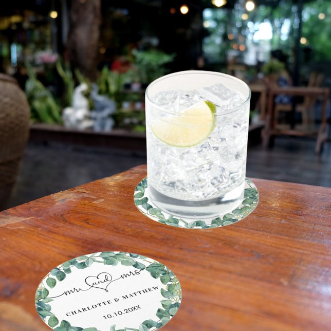 Wedding eucalyptus white mr mrs heart script round paper coaster (Creator Uploaded)