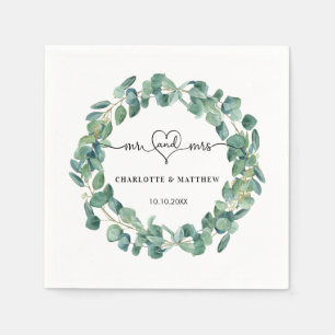 Wedding eucalyptus wreath mr mrs heart names napkin